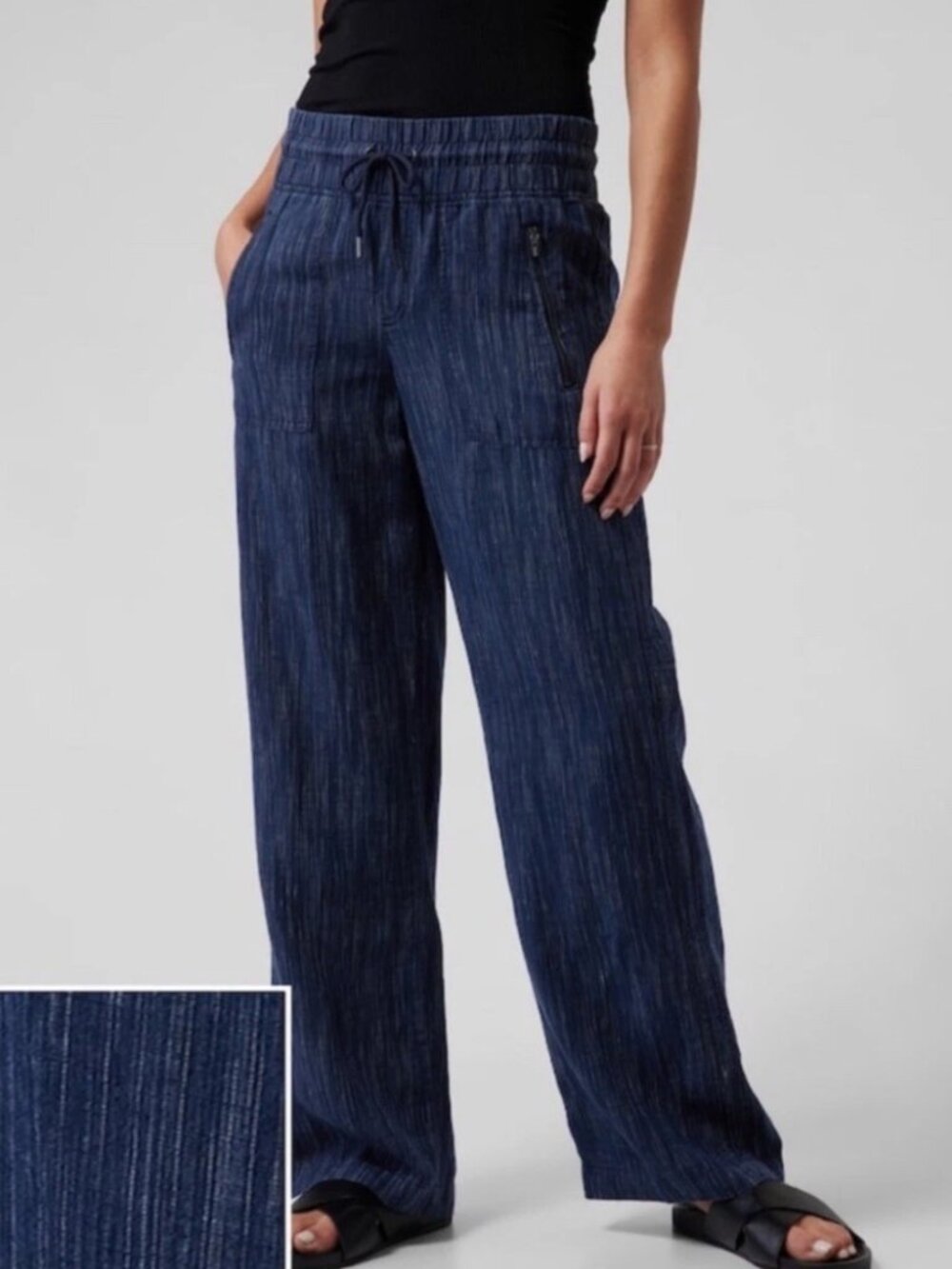 Athleta Cabo Linen Relaxed Fit Pull On Textured Wide Leg Blue Pants Pockets, 6